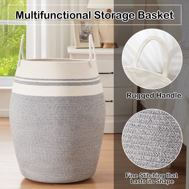 OIAHOMY Laundry Hamper Woven Cotton Rope Large Clothes Hamper 25.6" Height Modern Curve Basket with Extended Cotton Handles for Storage Clothes Toys in Bedroom, Bathroom, Foldable (White & light grey) - Image 4